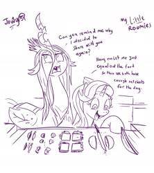 Size: 2062x2320 | Tagged: safe, artist:jowyb, queen chrysalis, starlight glimmer, changeling, changeling queen, pony, unicorn, series:my little roomie, cooking, duo, equality, female, lineart, mare, monochrome, roommates, that pony sure does love equality