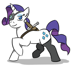 Size: 730x628 | Tagged: safe, artist:jargon scott, rarity, pony, unicorn, alternate universe, clothes, eyepatch, looking at you, smiling, socks, stockings, sword, sword rara