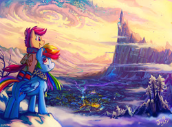 Size: 1098x812 | Tagged: safe, artist:jowyb, rainbow dash, scootaloo, pegasus, pony, :t, beautiful, bipedal, bipedal leaning, canterlot, canterlot mountain, clothes, cloud, cloudsdale, color porn, cute, cutealoo, dashabetes, duo, female, filly, glow, leaning, looking up, magic, majestic, mare, mountain, mountain range, open mouth, open smile, plot, ponies riding ponies, pony hat, ponyville, scarf, scenery, scenery porn, smiling, snow, snowfall, twilight's castle, valley, waterfall, winter