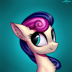 Size: 3000x3000 | Tagged: safe, artist:setharu, bon bon, sweetie drops, earth pony, pony, bust, chest fluff, ear fluff, female, gradient background, looking back, mare, portrait, smiling, solo