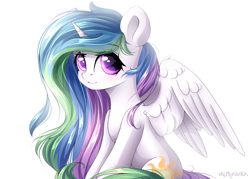 Size: 1400x1000 | Tagged: safe, artist:mitralexa, princess celestia, alicorn, pony, eyebrows, female, looking at you, mare, missing accessory, signature, simple background, sitting, smiling, solo