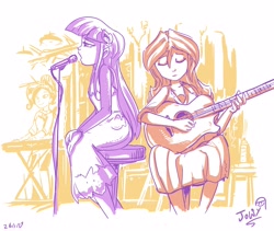 Size: 3304x2783 | Tagged: safe, artist:jowyb, rarity, sunset shimmer, twilight sparkle, equestria girls, clothes, duo, eyes closed, female, guitar, keyboard, lesbian, microphone, musical instrument, open mouth, shipping, sitting, skirt, smiling, sunsetsparkle