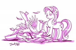 Size: 2717x1816 | Tagged: safe, artist:jowyb, derpy hooves, starlight glimmer, pegasus, pony, unicorn, the point of no return, crash, crash landing, duo, face down ass up, faceplant, female, mare, monochrome, raised hoof, simple background, white background