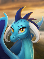 Size: 900x1200 | Tagged: safe, artist:scheadar, dragon lord ember, princess ember, dragon, bust, curved horn, dragoness, female, looking at you, portrait, slit eyes, smiling, solo