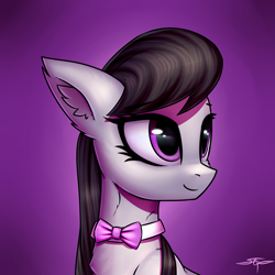 Size: 3000x3000 | Tagged: safe, artist:setharu, octavia melody, earth pony, pony, bowtie, bust, cute, ear fluff, female, mare, portrait, signature, smiling, solo, tavibetes