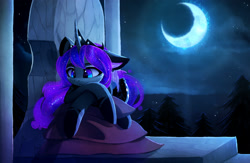 Size: 2329x1520 | Tagged: safe, artist:magnaluna, princess luna, alicorn, pony, alternate universe, cute, female, galaxy mane, lonely, looking down, lunabetes, mare, moon, moonlight, pillow, solo, starry night