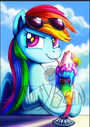 Size: 590x832 | Tagged: safe, artist:jowyb, rainbow dash, pegasus, pony, drinking straw, female, food, looking at you, mare, obtrusive watermark, sideways glance, signature, solo, sundae, sunglasses, watermark