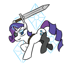 Size: 733x659 | Tagged: safe, artist:jargon scott, rarity, pony, unicorn, alternate universe, clothes, cutie mark, eyepatch, levitation, lidded eyes, magic, magic aura, socks, solo, stockings, sword, sword rara, telekinesis, weapon