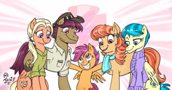 Size: 2885x1517 | Tagged: safe, artist:jowyb, aunt holiday, auntie lofty, mane allgood, scootaloo, snap shutter, earth pony, pegasus, pony, the last crusade, armpits, clothes, cute, cutealoo, family, female, filly, grin, hat, lesbian, lofty day, male, maneshutter, scootalove, shipping, sitting, smiling, stallion, straight, wholesome