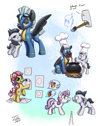 Size: 1920x2478 | Tagged: safe, artist:tsitra360, apple bloom, kettle corn, rumble, scootaloo, sweetie belle, thunderlane, earth pony, pegasus, pony, unicorn, marks and recreation, angry, apple bloom the shipper, cauldron, chef's hat, clothes, colt, cooking, cutie mark crusaders, cutie ship crusaders, female, filly, hat, hug, male, now kiss, paintbrush, painting, rumbelle, rumbloo, shipper on deck, shipping, simple background, smiling, stallion, straight, uniform, winghug, wonderbolts uniform