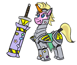 Size: 647x544 | Tagged: safe, artist:jargon scott, oc, oc only, oc:limit state, pony, unicorn, alternate universe, armor, caution sign, caution tape, cute, fantasy class, foam sword, knight, paladin, solo, sticker, sword, sword rara, tail wrap, warrior