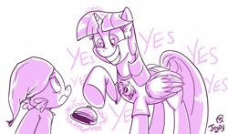 Size: 2430x1430 | Tagged: safe, artist:jowyb, dj pon-3, spike, twilight sparkle, twilight sparkle (alicorn), vinyl scratch, alicorn, dragon, pony, unicorn, a trivial pursuit, annoyed, clothes, female, grin, hat, mare, nightcap, nightgown, smiling, yes