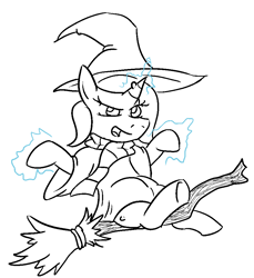 Size: 881x963 | Tagged: safe, artist:jargon scott, trixie, pony, unicorn, alternate universe, broom, cloak, clothes, female, flying, flying broomstick, hat, magic, mare, monochrome, open mouth, scarf, simple background, sitting, solo, sword rara, wart, white background, wicxie, witch