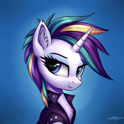 Size: 3000x3000 | Tagged: safe, artist:setharu, rarity, pony, unicorn, it isn't the mane thing about you, alternate hairstyle, bust, chest fluff, clothes, cute, ear fluff, eyeshadow, female, lidded eyes, makeup, mare, multicolored hair, portrait, punk, raribetes, raripunk, signature, smiling, solo