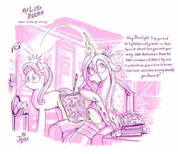 Size: 2032x1766 | Tagged: safe, artist:jowyb, queen chrysalis, starlight glimmer, changeling, changeling queen, pony, unicorn, series:my little roomie, book, crystal hearts (snack), dialogue, drink, duo, female, food, high res, magic, mare, monochrome, open mouth, roommates, simple background, telekinesis, thinking, white background, wide eyes