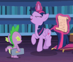 Size: 500x425 | Tagged: safe, screencap, spike, twilight sparkle, twilight sparkle (alicorn), alicorn, dragon, pony, once upon a zeppelin, adorkable, animated, cute, dork, excited, gif, happy, levitation, library, loop, magic, prancing, scroll, telekinesis, trotting, trotting in place, twiabetes, twilight's castle