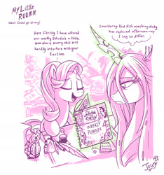 Size: 2062x2205 | Tagged: safe, artist:jowyb, queen chrysalis, starlight glimmer, changeling, changeling queen, pony, unicorn, series:my little roomie, book, dialogue, duo, eyes closed, female, high res, inkwell, magic, mare, monochrome, open mouth, quill, roommates, simple background, speech bubble, telekinesis, thinking, thought bubble, white background