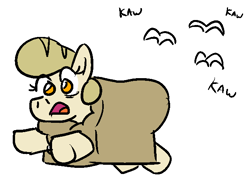 Size: 648x465 | Tagged: safe, artist:jargon scott, oc, oc only, oc:bread pony, bird, bread pony, food pony, original species, pony, bread, bread head, caw, chase, female, frown, mare, running, scared, simple background, solo, white background, wide eyes