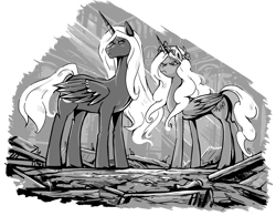 Size: 1380x1074 | Tagged: safe, artist:jowyb, oc, oc only, oc:terra, oc:titan, alicorn, pony, fanfic:the immortal game, alicorn oc, debris, duo, fanfic art, frown, glare, grayscale, horn, monochrome, wings