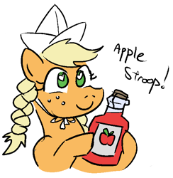 Size: 588x603 | Tagged: safe, artist:jargon scott, applejack, earth pony, pony, bonnet, bottle, braid, dutch, dutch cap, hat, heart eyes, solo, syrup, wingding eyes