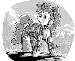 Size: 1788x1468 | Tagged: safe, artist:jowyb, pinkie pie, earth pony, pony, fanfic:the immortal game, armor, fanfic art, female, grayscale, mare, monochrome, smiling, solo focus