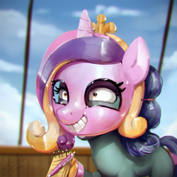 Size: 800x800 | Tagged: safe, artist:assasinmonkey, pony, once upon a zeppelin, cadance mask, female, filly, grin, hoof hold, horseshoes, mask, nightmare fuel, notepad, scene interpretation, scribble pad, shrunken pupils, smiling, solo, uncanny valley, why