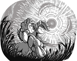 Size: 1336x1056 | Tagged: safe, artist:jowyb, pinkie pie, rainbow dash, earth pony, pegasus, pony, fanfic:the immortal game, bipedal, duo, duo female, fanfic art, female, from below, grass, grayscale, holding a pony, looking up, mare, monochrome, smiling, smirk, sonic rainboom