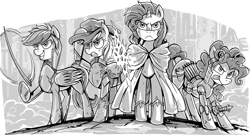 Size: 1338x720 | Tagged: safe, artist:jowyb, applejack, pinkie pie, rainbow dash, rarity, earth pony, pegasus, pony, unicorn, fanfic:the immortal game, angry, applejack's hat, armor, clothes, cowboy hat, fanfic art, female, grayscale, grin, group, hat, magic, mare, messy mane, monochrome, raised hoof, robe, smiling, sword, telekinesis, tongue out, weapon