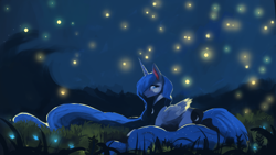 Size: 1920x1080 | Tagged: safe, artist:hierozaki, princess luna, alicorn, firefly (insect), pony, female, mare, missing accessory, night, smiling, solo