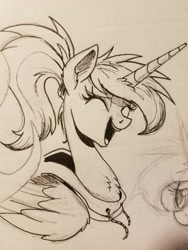 Size: 3024x4032 | Tagged: safe, artist:ncmares, princess luna, alicorn, pony, absurd resolution, clothes, cute, eyes closed, happy, hoodie, inktober, lunabetes, open mouth, ponytail, smiling, solo, traditional art