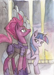 Size: 710x978 | Tagged: safe, artist:daisymane, fizzlepop berrytwist, tempest shadow, twilight sparkle, twilight sparkle (alicorn), alicorn, pony, unicorn, my little pony: the movie, armor, broken horn, female, horn, mare, raised hoof, scene interpretation, smiling, traditional art, watercolor painting