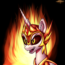 Size: 3000x3000 | Tagged: safe, artist:setharu, daybreaker, alicorn, pony, armor, bust, ear fluff, fangs, female, fire, folded wings, mane of fire, mare, portrait, signature, smiling, solo