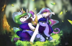 Size: 4096x2650 | Tagged: safe, artist:anticular, princess celestia, princess luna, alicorn, pony, :p, book, chest fluff, cute, duo, female, forest, frown, grass, high res, leaves, leg fluff, lidded eyes, looking at each other, mare, ponyloaf, prone, royal sisters, scenery, siblings, sisters, smiling, tongue out, tree, unamused