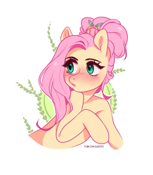 Size: 2268x2604 | Tagged: safe, artist:yukomaussi, fluttershy, pegasus, pony, alternate hairstyle, blushing, cute, hair ornament, high res, shyabetes, simple background, solo, white background