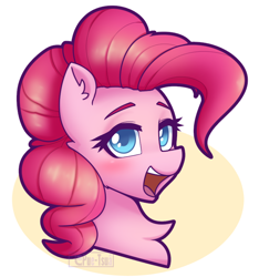 Size: 742x792 | Tagged: safe, artist:puetsua, pinkie pie, earth pony, pony, blushing, bust, circle background, female, happy, looking at you, mare, open mouth, portrait, smiling, solo