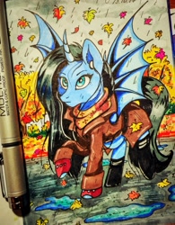 Size: 1325x1699 | Tagged: safe, artist:das_leben, oc, oc only, alicorn, bat pony, bat pony alicorn, pony, alicorn oc, autumn, bat wings, clothes, coat, curved horn, female, headphones, mare, puddle, rain, solo, traditional art