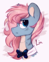 Size: 1200x1500 | Tagged: safe, artist:mirtash, oc, oc only, oc:liu, earth pony, pony, bowtie, bust, male, portrait, rcf community, solo, stallion