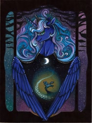 Size: 640x853 | Tagged: safe, artist:dany-the-hell-fox, princess luna, alicorn, earth pony, pony, crescent moon, dream, female, lidded eyes, mare, moon, night, protecting, stars, traditional art, transparent moon