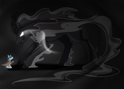 Size: 1280x914 | Tagged: safe, artist:pseishiyo, pony of shadows, stygian, pony, shadow play, cape, clothes, corrupted, darkness, influence, shadow, size difference