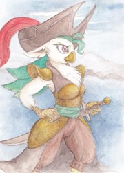 Size: 688x956 | Tagged: safe, artist:daisymane, captain celaeno, anthro, bird, my little pony: the movie, armpits, biologically justified underarm fluff, chest fluff, hat, pirate, pirate hat, solo, sword, traditional art, weapon