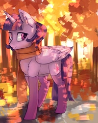 Size: 1728x2160 | Tagged: safe, artist:ognifireheart, twilight sparkle, twilight sparkle (alicorn), alicorn, pony, autumn, chest fluff, clothes, dappled sunlight, female, mare, scarf, smiling, socks, solo