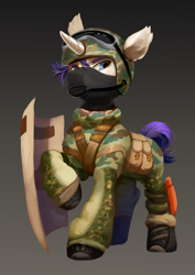 Size: 766x1080 | Tagged: safe, artist:locksto, oc, oc only, pony, unicorn, clothes, gradient background, helmet, military, military uniform, shield, solo, uniform