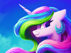 Size: 1200x900 | Tagged: safe, artist:lollipony, princess celestia, alicorn, pony, :3, bust, colored pupils, cute, cutelestia, eyelashes, female, floppy ears, looking at you, mare, missing accessory, portrait, profile, sky, sky background, smiling, solo