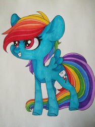 Size: 992x1322 | Tagged: safe, artist:aliceub, rainbow dash, pegasus, pony, female, filly, filly rainbow dash, grin, mare, simple background, smiling, solo, spread wings, traditional art, white background, wings, younger