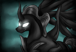 Size: 2635x1777 | Tagged: safe, artist:not-ordinary-pony, pony of shadows, stygian, alicorn, shadow play, adorabolical, cute, darkness, glowing eyes, male, shadorable, smiling, solo, stallion, white eyes