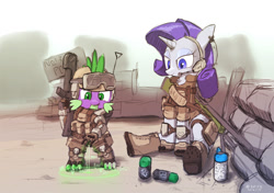 Size: 1024x721 | Tagged: safe, artist:satv12, rarity, spike, dragon, pony, unicorn, airsoft, boots, clothes, female, gun, helmet, hologram, male, mare, military uniform, shoes, weapon