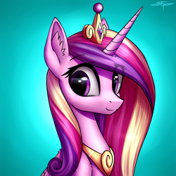 Size: 3000x3000 | Tagged: safe, artist:setharu, princess cadance, alicorn, pony, bust, crown, cute, cutedance, ear fluff, female, folded wings, jewelry, looking away, mare, portrait, regalia, signature, smiling, solo