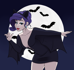 Size: 2485x2321 | Tagged: safe, artist:fairdahlia, rarity, bat, bat pony, human, absolute cleavage, breasts, cleavage, clothes, costume, elvira, female, full moon, halloween, holiday, humanized, lipstick, looking at you, moon, night, race swap, raribat, smiling, solo