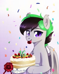 Size: 1348x1700 | Tagged: safe, artist:kaylemi, oc, oc only, oc:night wing, bat pony, birthday, birthday cake, cake, female, food, happy, solo, strawberry, wings