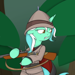 Size: 1000x1000 | Tagged: safe, artist:theparagon, lyra heartstrings, pony, semi-anthro, unicorn, angry, bipedal, clothes, crossover, explorer, female, floppy ears, glare, gritted teeth, gun, hat, helmet, hoof hold, human hunter, jumanji, looking back, mare, pith helmet, rifle, solo, van pelt, weapon